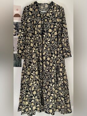 Black and Cream Floral Midi Dress